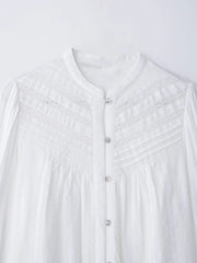 Stand Collar Lace Embroidery Puff Long Sleeve Button Down Blouse