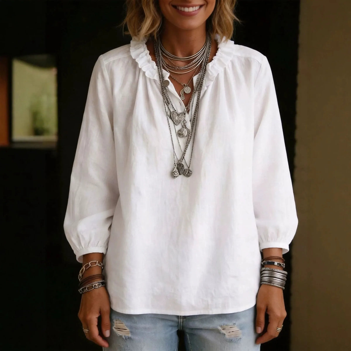 Ruffle Stand Collar Half Button Puff Three-Quarter Sleeve Solid Polyester Blouse