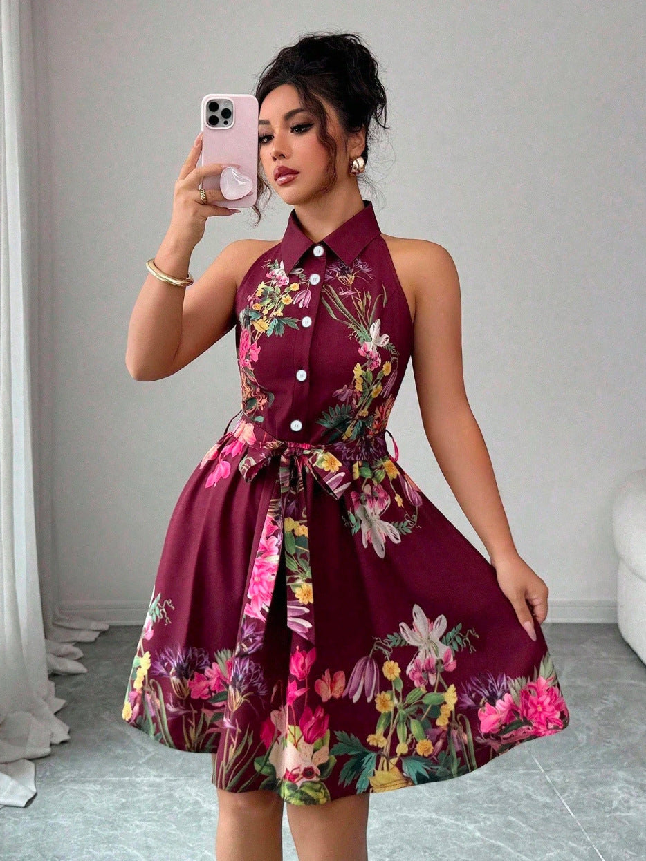 Black Floral Halter Neck A-Line Midi Dress