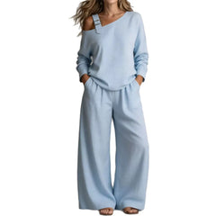 Buckle Detail Cold Shoulder Top Wide Leg Linen Pants Set