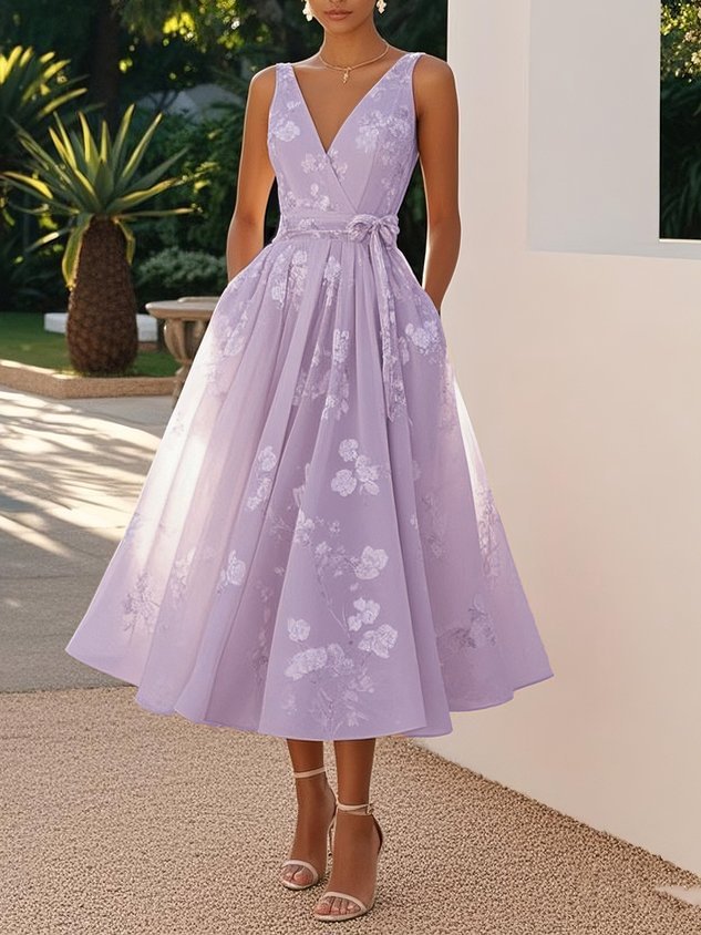 Light Pink V-Neck Sleeveless A-Line Midi Dress