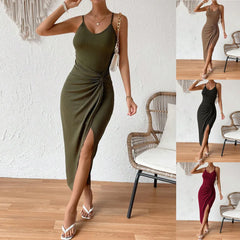 Ribbed Knit Twist Front Spaghetti Strap Slit Maxi Dress (Multiple Colors)