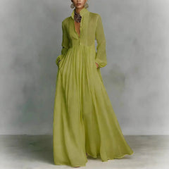 White Stand Collar Pleated Long Sleeve Maxi Shirt Dress