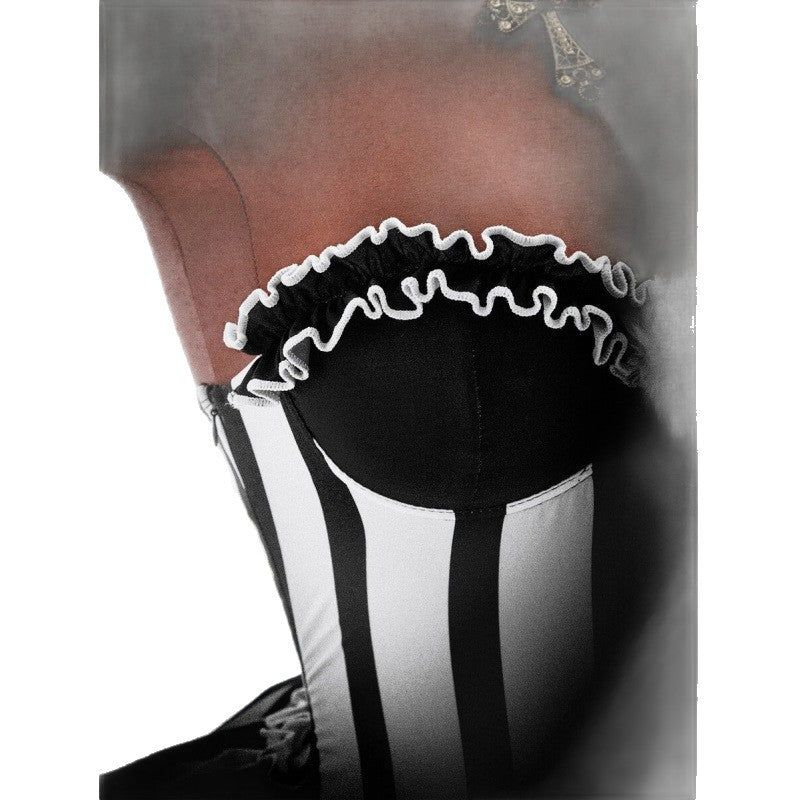 Black White Striped Clown Corset Costume, Halloween Ruffle Tutu Skirt Corset Outfit