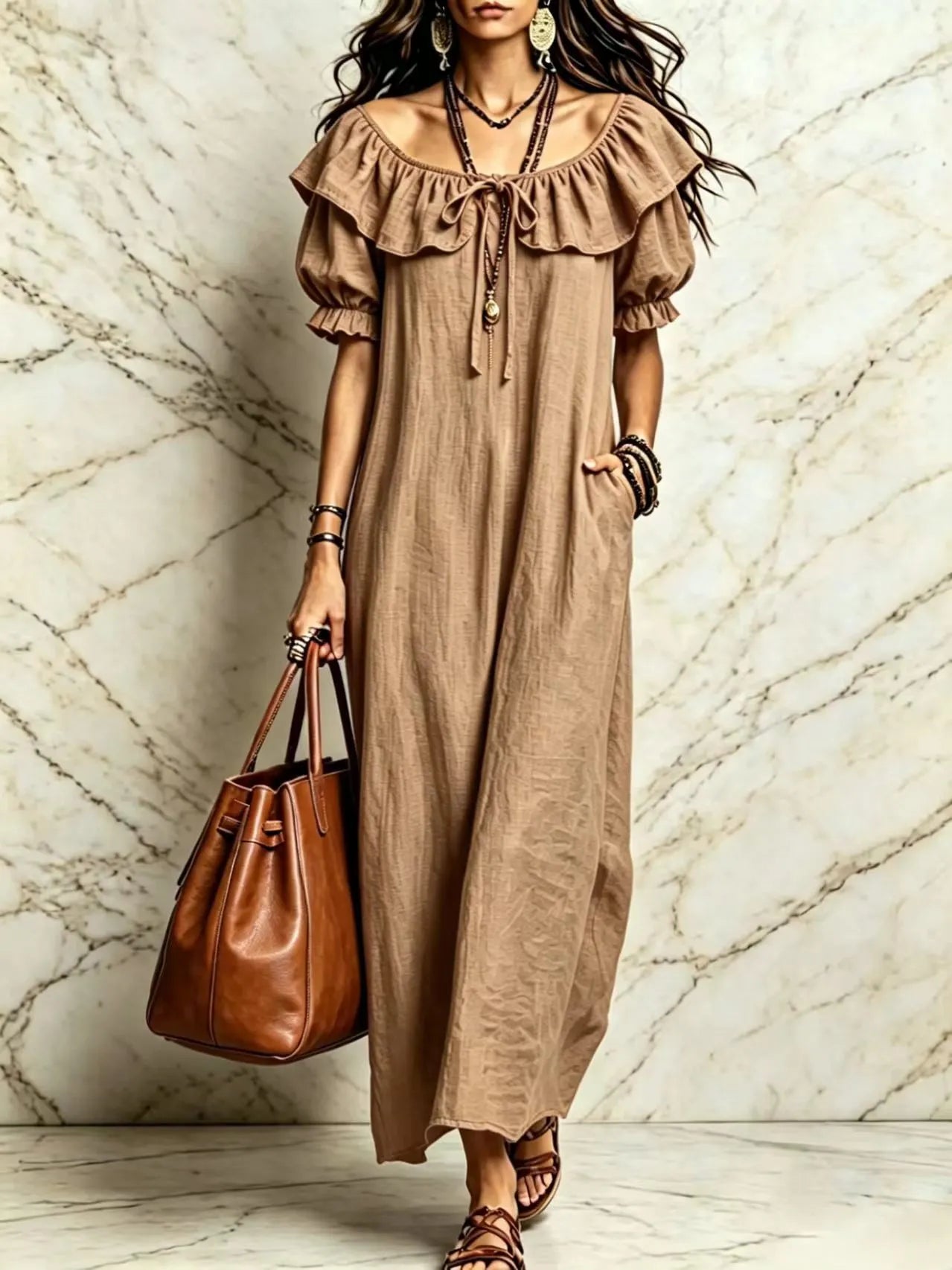 Ruffle Neck Puff Sleeve Maxi Dress