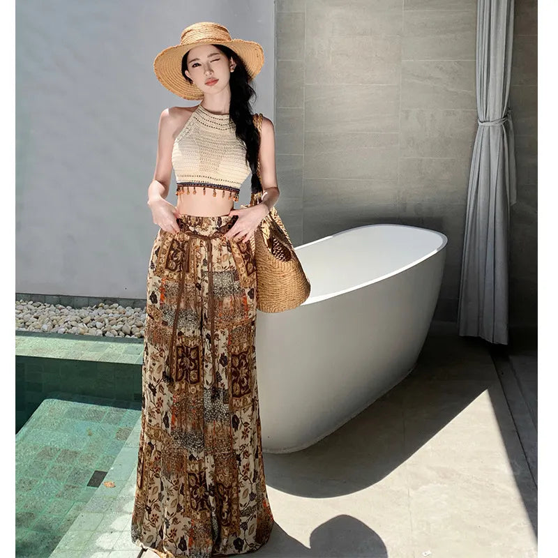 Vintage Ethnic Print High Waist Wide Leg Long Pants