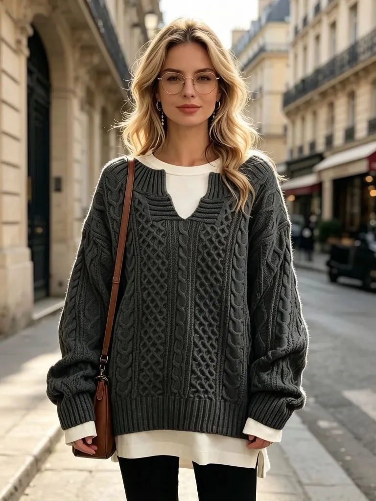 Textured Cable Knit Sweater, Notched V Neck Casual Warm Oversized Pullover