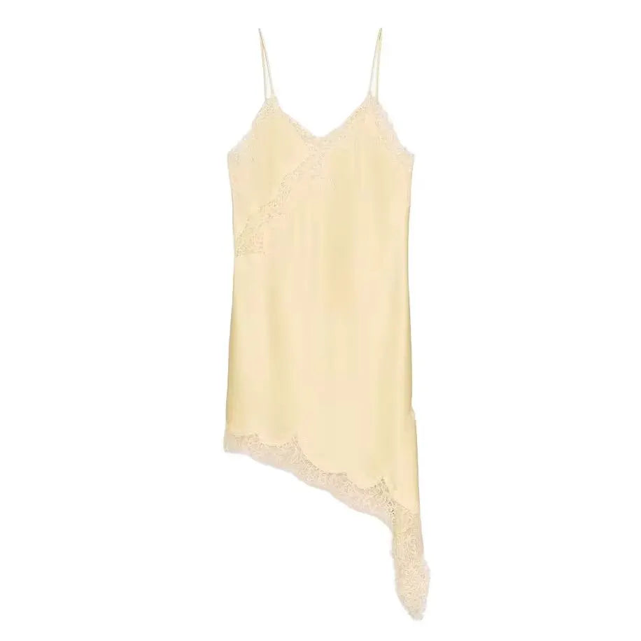 Solid Lace Trim Spaghetti Strap Irregular Hem Mini Slip Dress