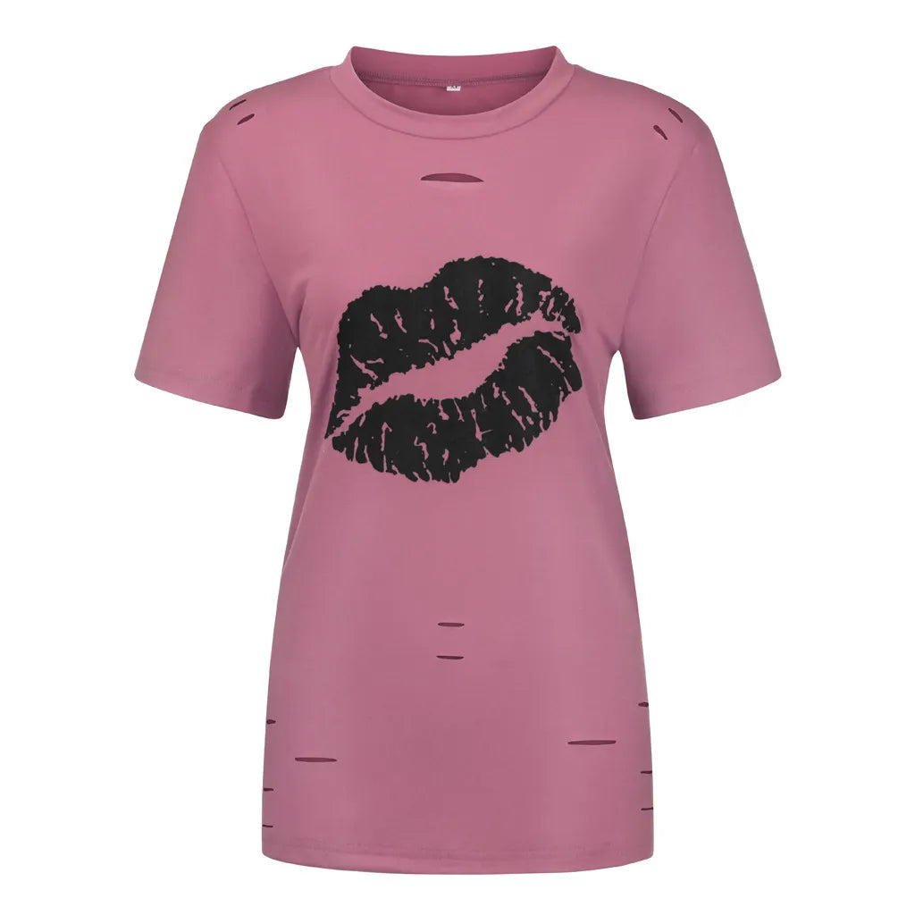 Crew Neck Hollow Out Lip Print Straight Cut Cotton Blend Short Sleeve Commuter Casual Pullover T-shirt