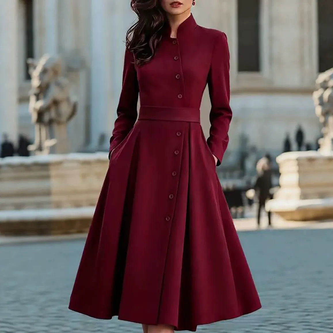 Burgundy Stand Collar Button Front Belted Midi Dress