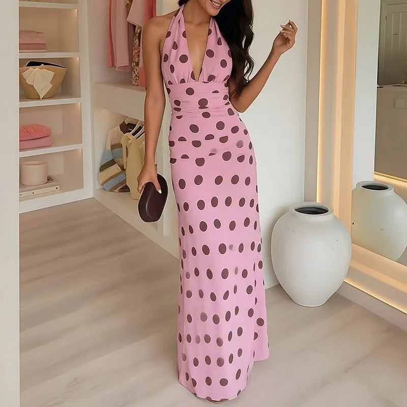 Polka Dot Halter Neck Maxi Dress