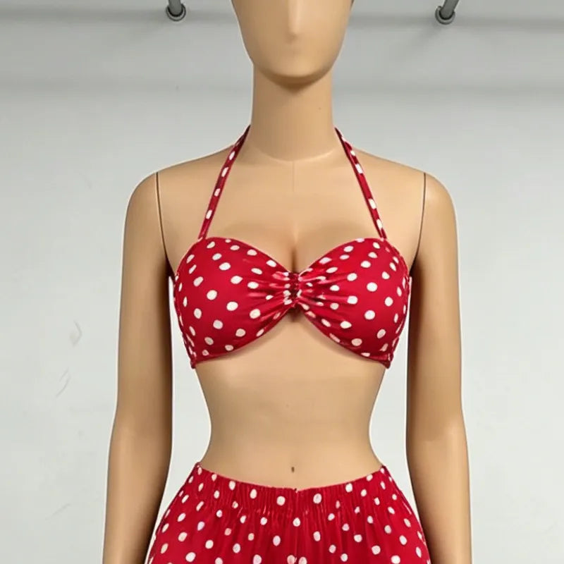 Polka Dot Halter Cutout Crop Top & Capri Pants Two Piece Set