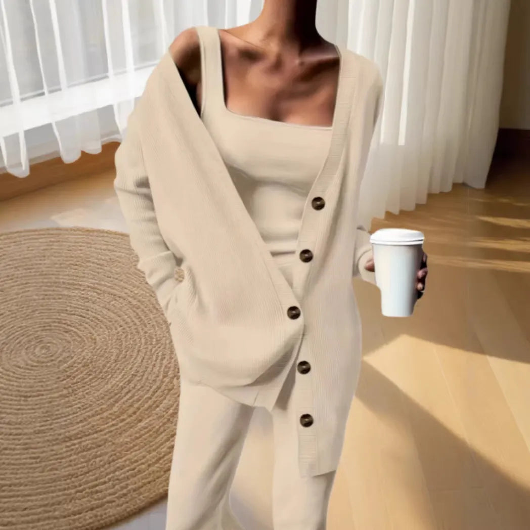 Beige Knit Cardigan, Cami Top & Wide-Leg Pants Set