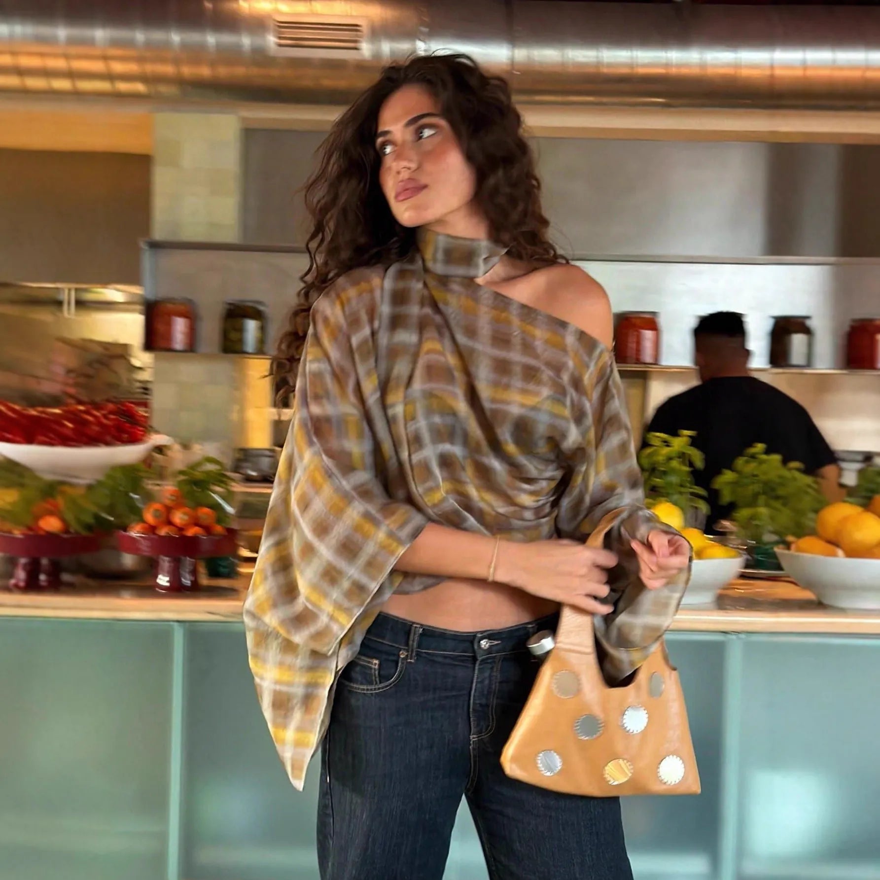 Boho Tartan Sheer Oversized Shirt, Cold Shoulder Batwing Long Sleeve Loose Plaid Blouse for Daily Outfit