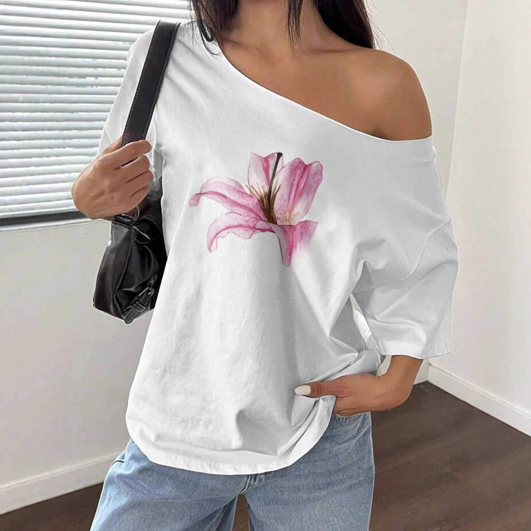 Floral Print Irregular Neck Loose Short Sleeve Casual Top