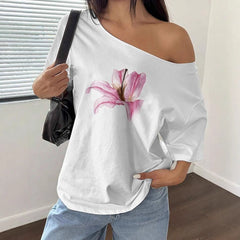 Floral Print Irregular Neck Loose Short Sleeve Casual Top