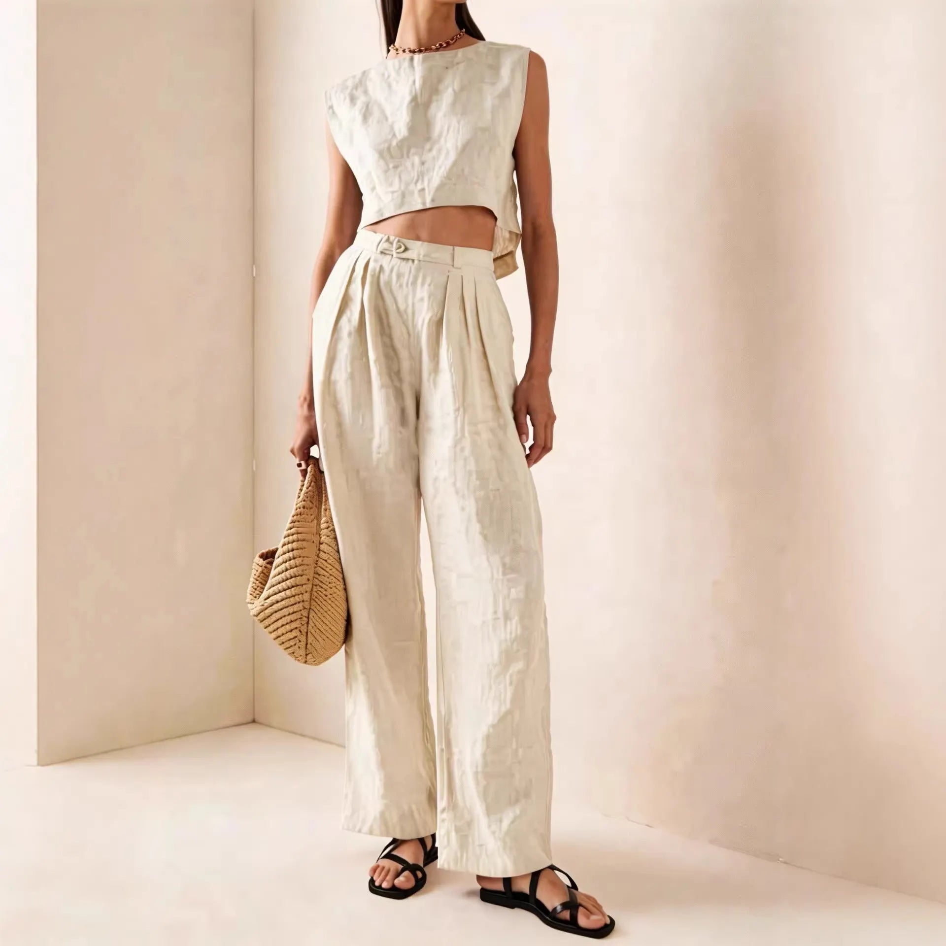 Sleeveless Crop Top & High-Waist Wide-Leg Pants Set