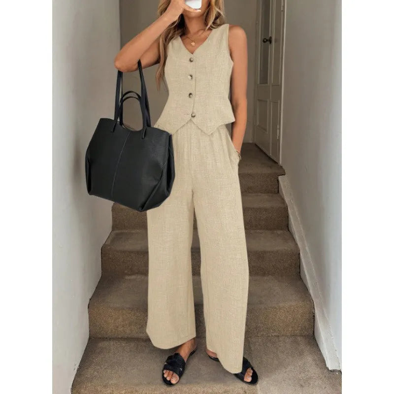 Green V-Neck Button Vest & Wide-Leg Pants Two-Piece Set