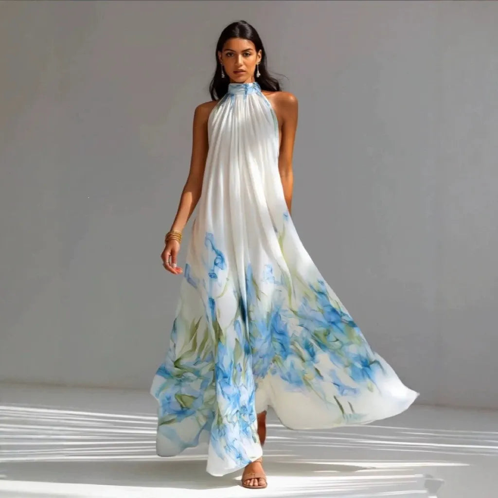 Floral Halter Maxi Dress, Sleeveless Loose Flowy Big Swing Elegant Long Dress