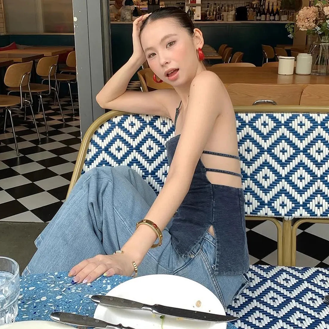 Vintage Washed Denim Halter Square Neck Slim Fitted Tank Top