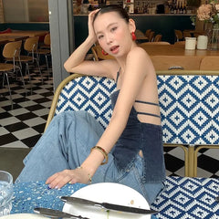 Vintage Washed Denim Halter Square Neck Slim Fitted Tank Top
