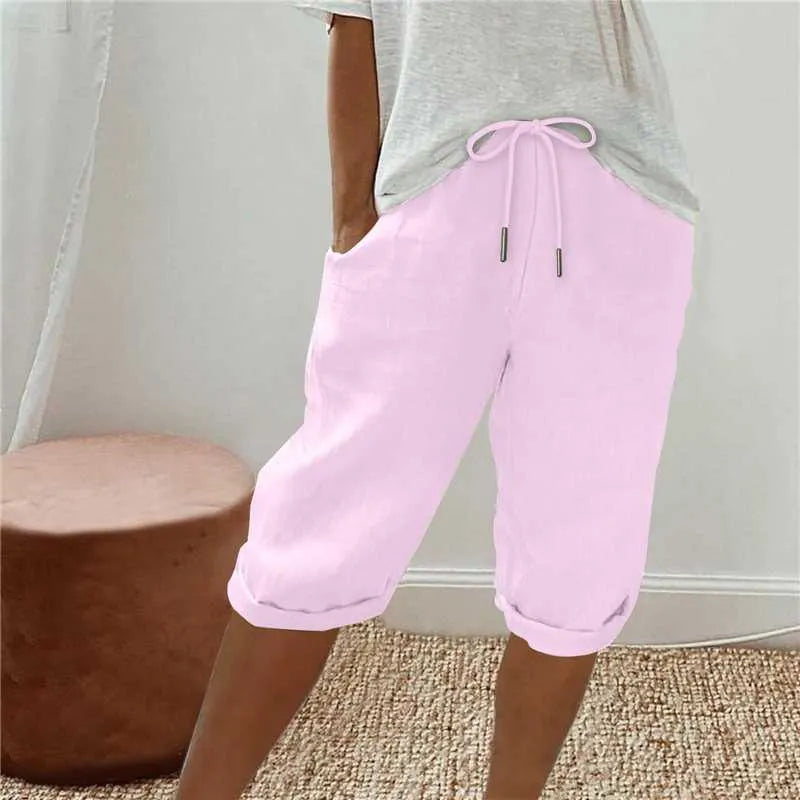Cotton Linen Drawstring Waist Capri Pants,