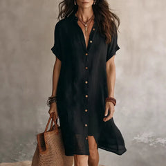 Lapel Short Sleeve Single Breasted Loose Cotton Linen Shirt Midi Dress