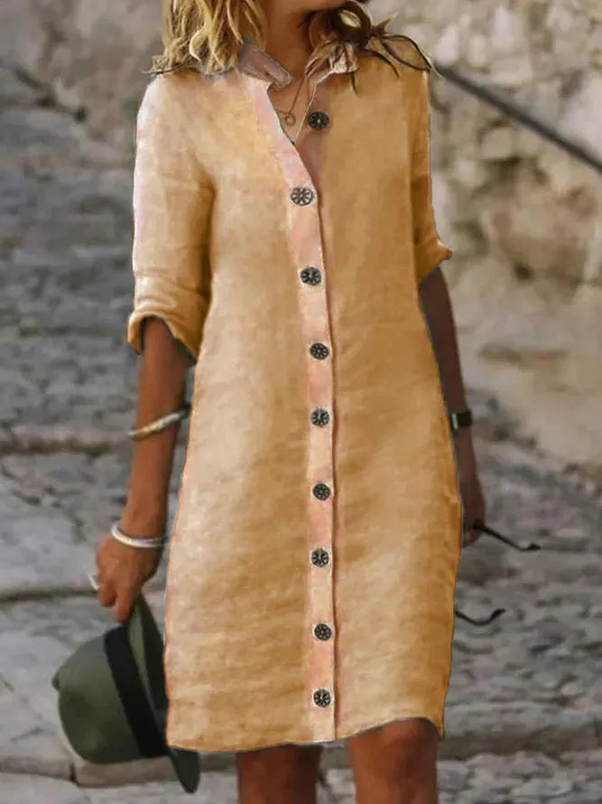 Collared Button Down Linen Midi Shirt Dress