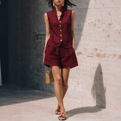 Blue Stand-Collar Sleeveless Vest & High-Waisted Shorts Two-Piece Set