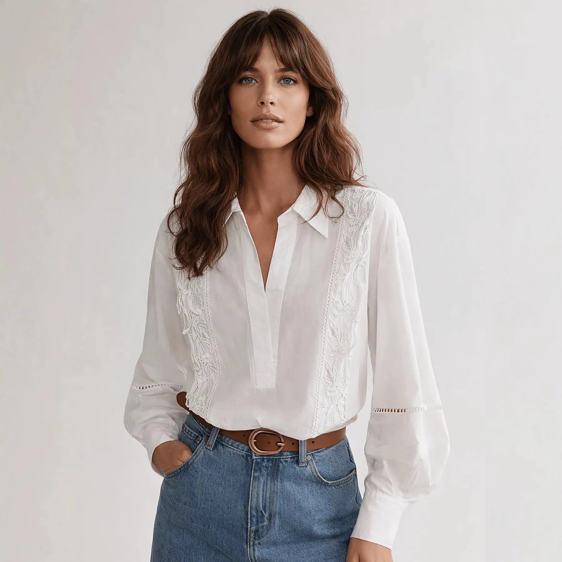 White Floral Embroidery Eyelet Collar Oversized Long Sleeve Cotton Shirt