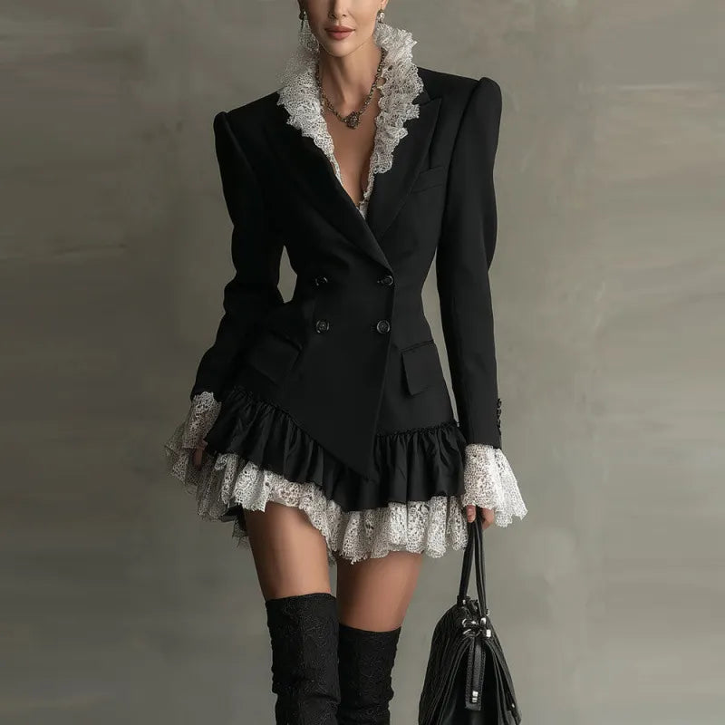 Black Lace Trim Double Breasted Blazer Mini Dress