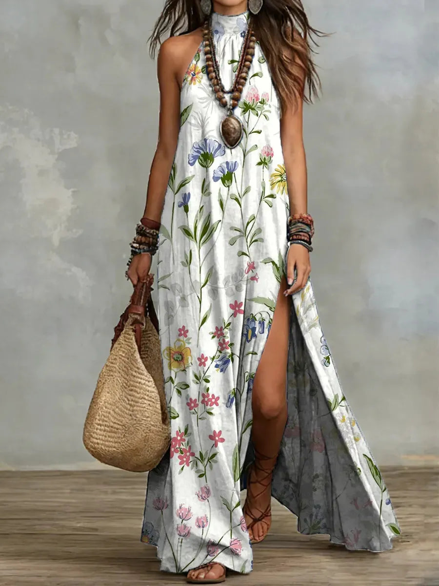 Bohemian Print Halter Neck Sleeveless Maxi Dress