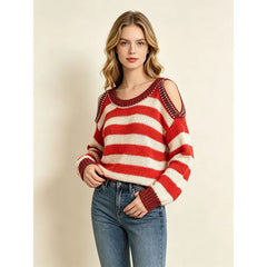 Striped Cold Shoulder Beaded Knit Pullover Sweater