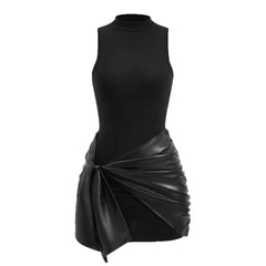 Mock Neck Bodycon Dress, Faux Leather Wrap Tie Detail Mini Dress