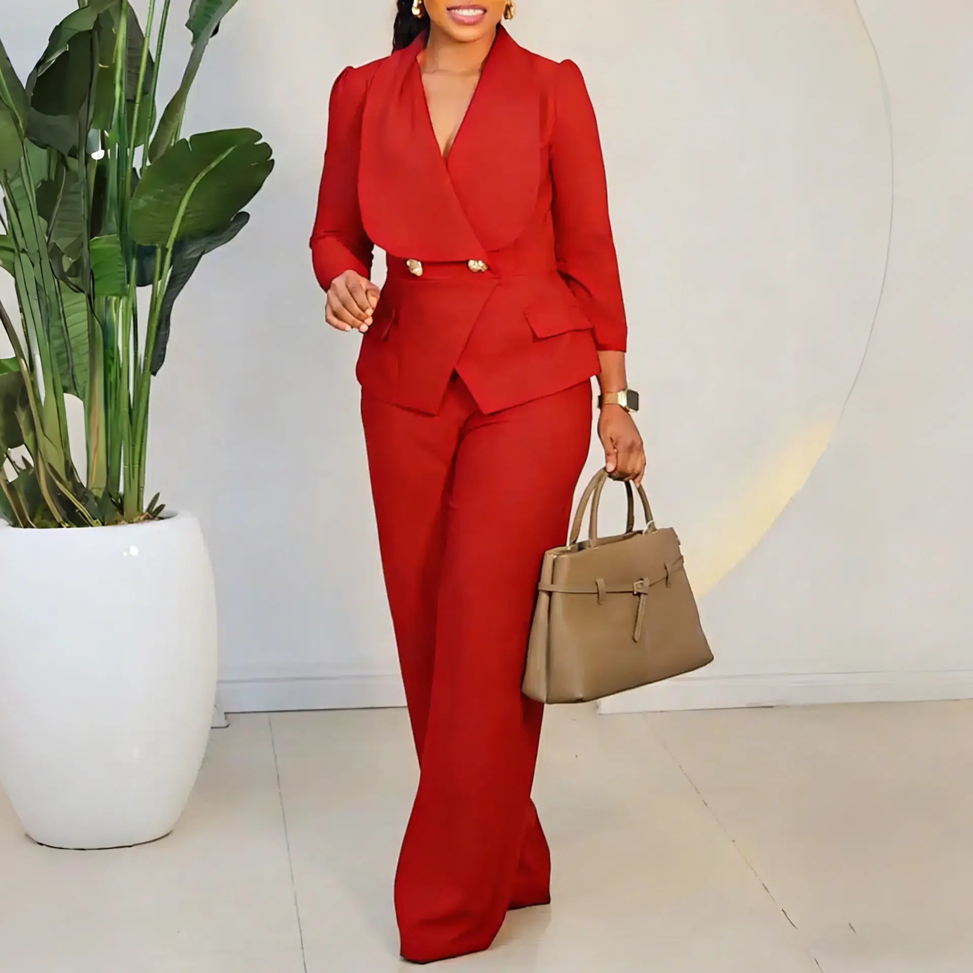 High Waist Wide Leg Pants Two Piece Elegant Office Suit Set