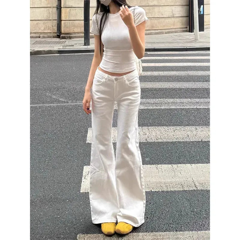 Low Rise Solid White Flare Denim Jeans