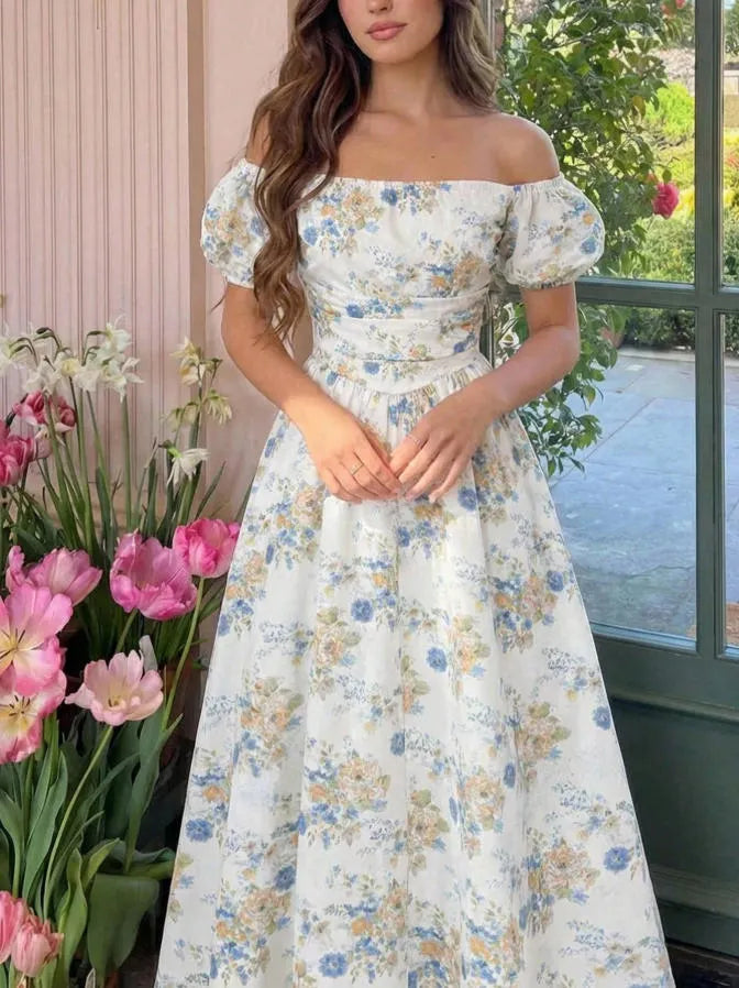 Floral Print Square Neck Off Shoulder Puff Short Sleeve High Waist A-Line Midi Dress