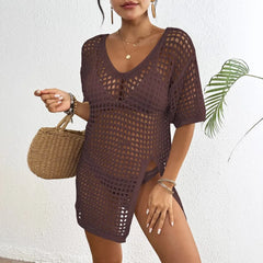 Solid Hollow Out V-Neck Short Sleeve Beach Cover-Up Mini Dress