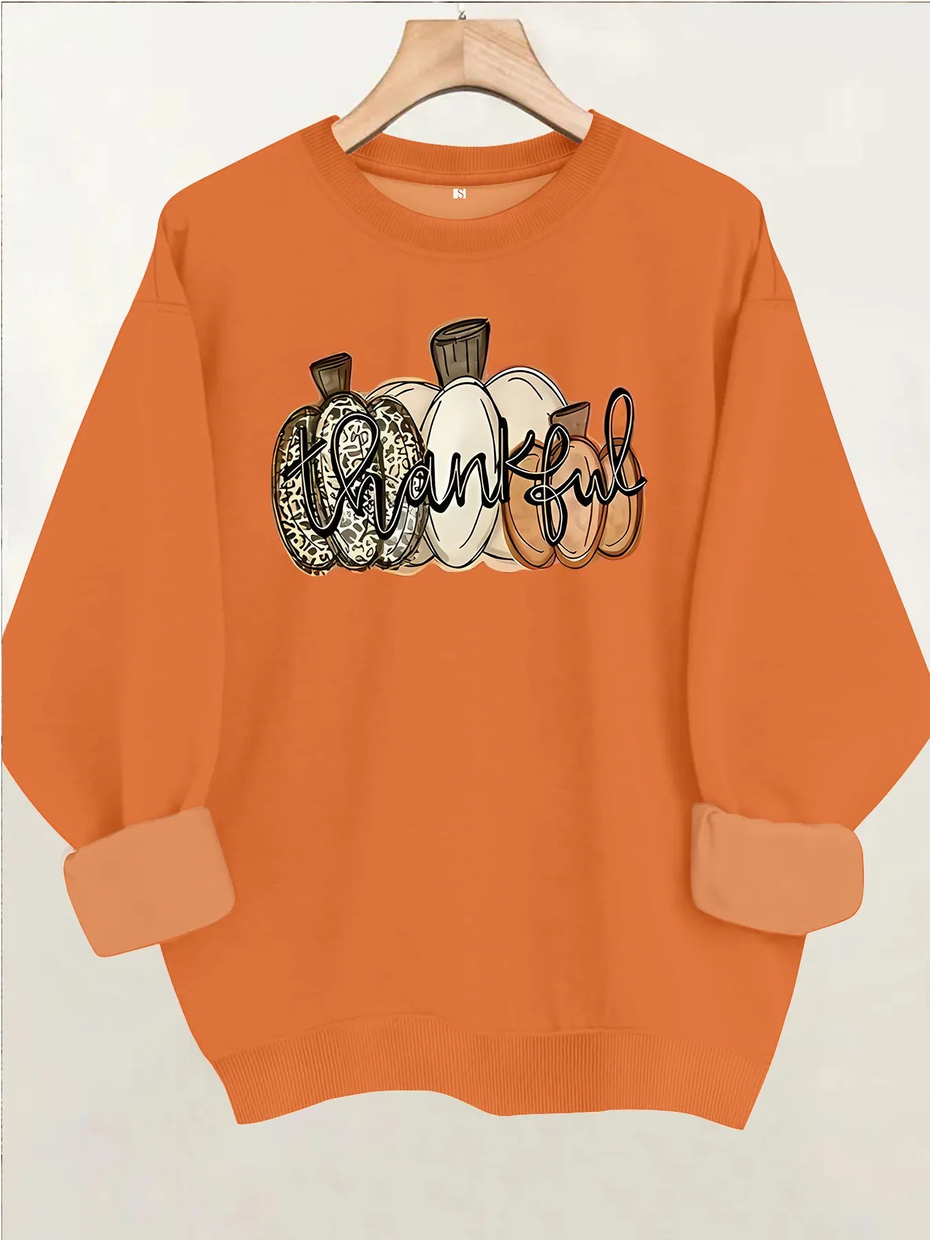 Halloween Thankful Pumpkin Print Round Neck Sweatshirt