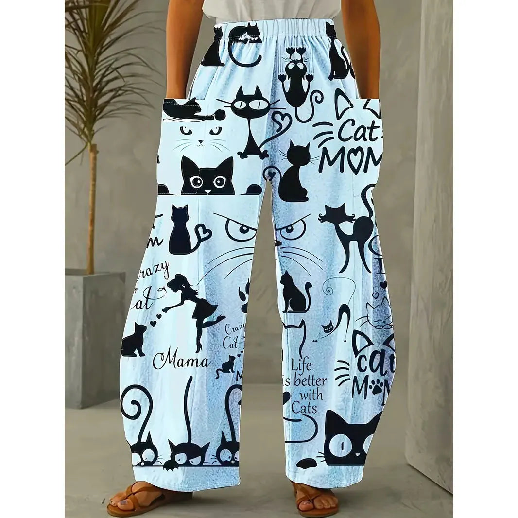 Printed Flare Work Pants | Mid Waist Doodle Heart Print Loose Wide Leg Casual Trousers