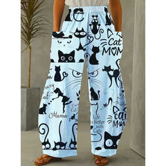 Printed Flare Work Pants | Mid Waist Doodle Heart Print Loose Wide Leg Casual Trousers