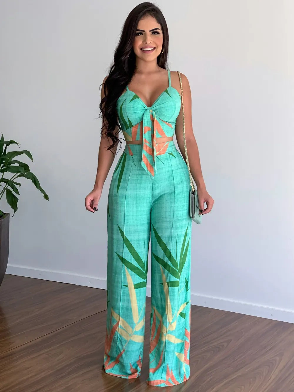 Geometric Print Tie Front Cami Top and High Waist Wide Leg Pants Set