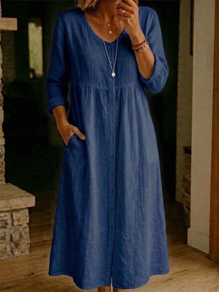 Linen Blend Button Down Midi Dress