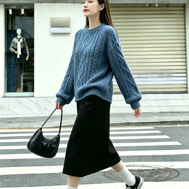 Drop‑Shoulder Geometric Cable Knit Pullover Sweater
