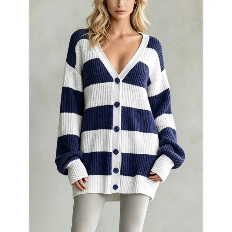 Navy White Wide Stripe Oversized Knit Cardigan V Neck Button Front Long Sleeve Loose Sweater Coat
