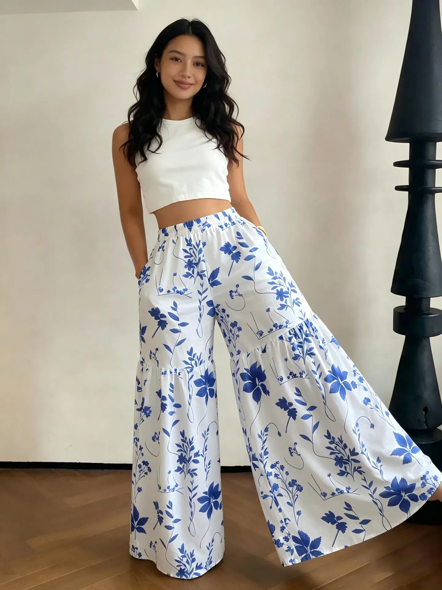 Elastic High Waist Floral Print Ruffle Wide Leg Palazzo Pants