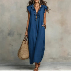 Deep V-Neck Ruffle Cap Sleeve Loose A-Line Maxi Dress