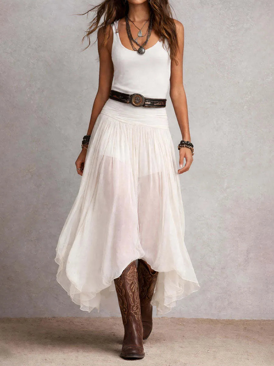 Solid Sleeveless Low Neck Mid Waist Mesh Spliced Irregular A-Line Maxi Dress
