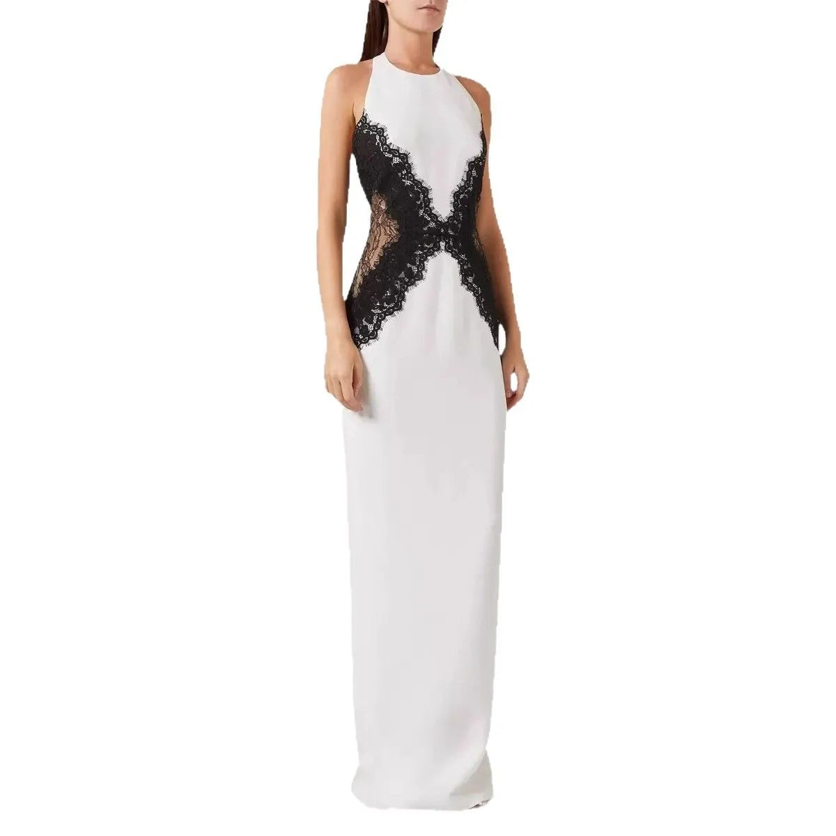 White & Black Lace Maxi Dress, Halter Neck X-Cutout Bodycon Formal Gown