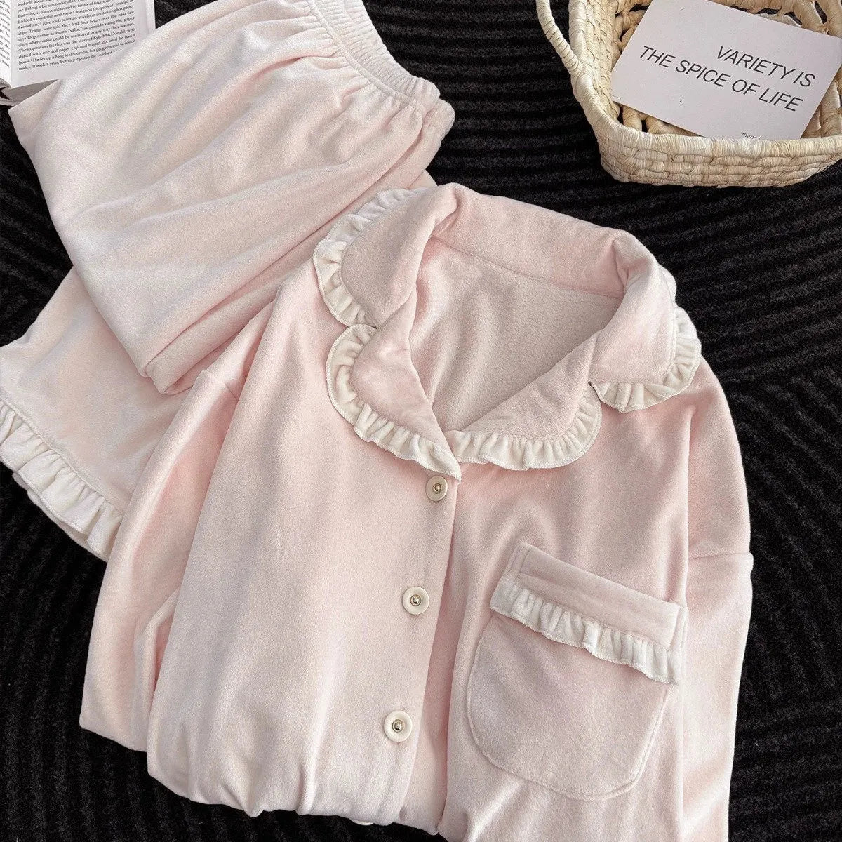 Sweet Pink Ruffle Trim Ladies Sleepwear, 2 Piece Long Sleeve Top & Pants Cozy Home Pajamas